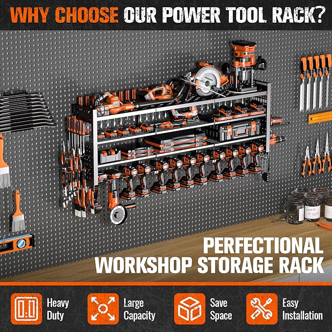 49.8" W Large Power Tool Organizer Wall Mount, Heavy Duty Tool Organizer with 14 cordless Drill Holder, 4 Layers Garage Organ