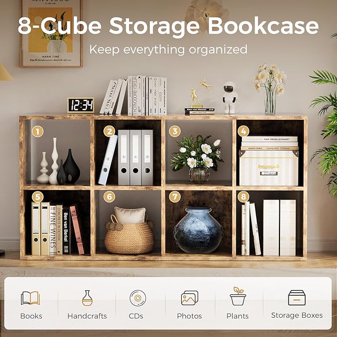 COMHOMA 8 Wood Cube Storage Organizer with Open Back and Removable Back Panels, 11In Brown Cube Storage Bookshelf, Cubicle Sh