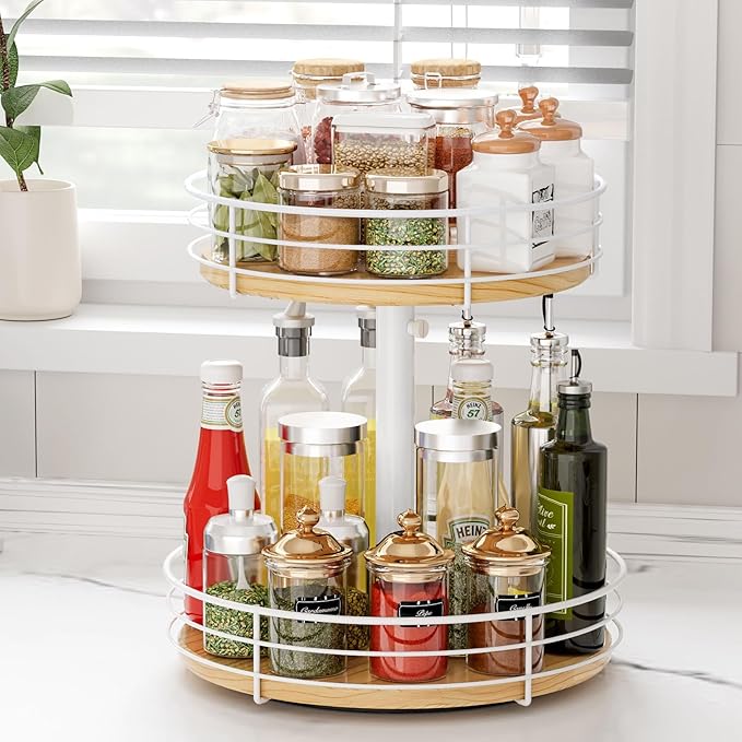Two Tier Lazy Susan Metal, 2 Tier Wood Lazy Susan 12 Inch, Rotating Spice Rack Organizer for Cabinet Dining Table Top Kitchen