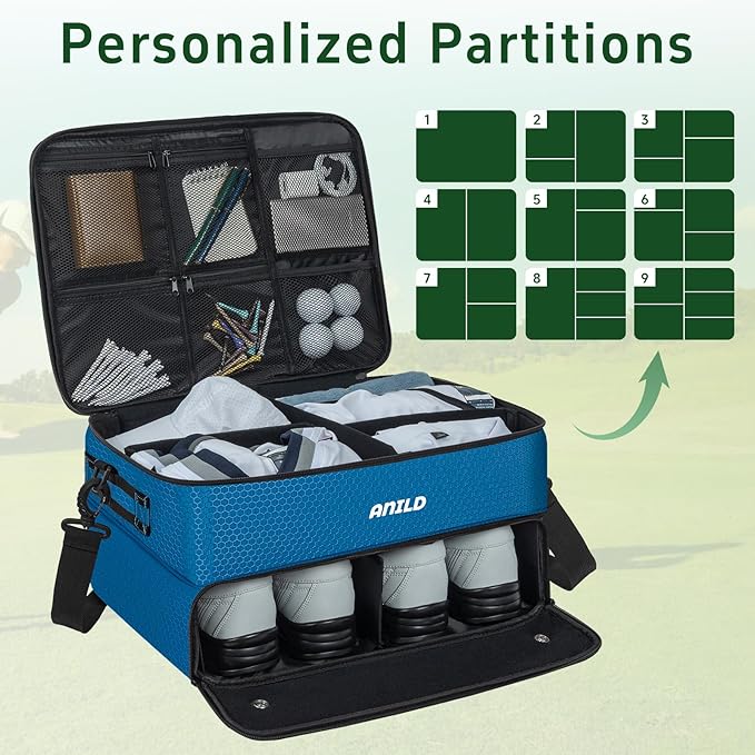 ANILD Golf Trunk Organizer, 2 Layer Golf Storage Case with Separate Ventilated Compartment for 2 Pair Shoes, for Balls, Tees,