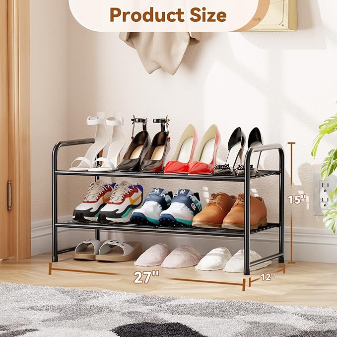 Shoe Rack, Closet Metal 2Tier 27 Inch Shoe Shelf Organizer for floor, Stackble & Adjustable, Black