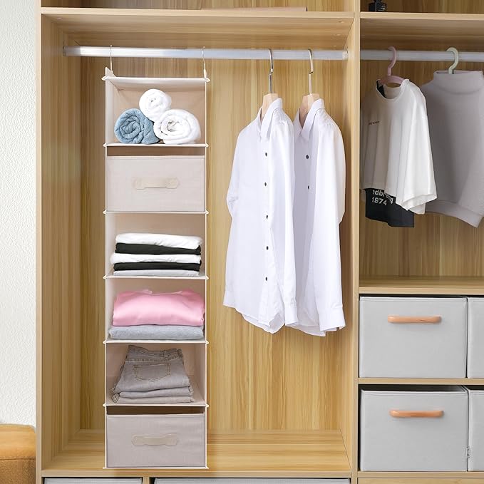 Large Hanging Sweater Organizer for Closet,Collapsible 6-Shelf Hanging Closet Shelves with Drawers, Washable (Beige -6 Shelf-