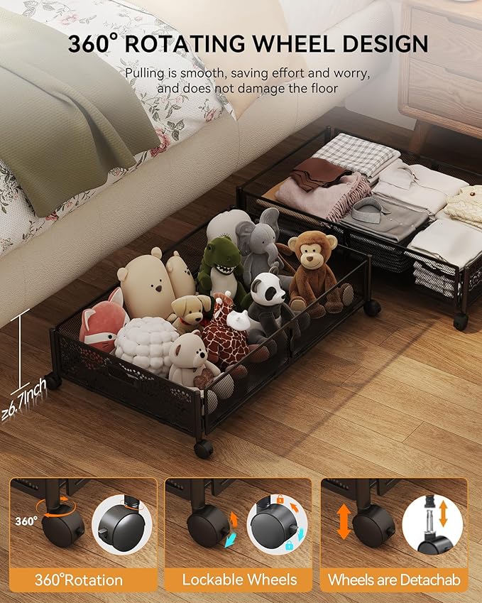 Under Bed Storage with Wheels, Foldable Pattern Carved Metal Under The Bed Storage, Tool-Free Assembly Under Bed Organizer, 6