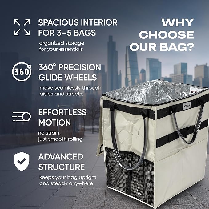 KELN Rolling Tote Bag with Wheels – Heavy Duty Foldable Shopping Bag with Handle – Reusable Grocery Bag on Wheels