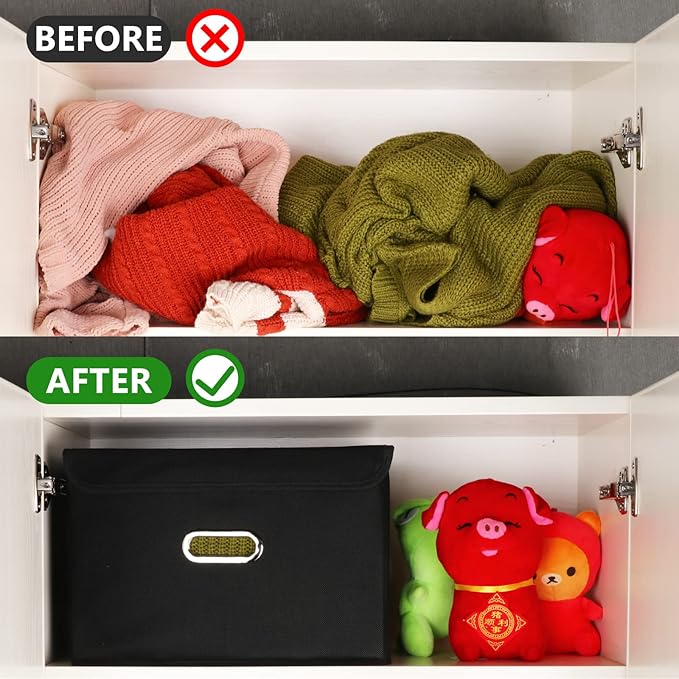 Fabric Foldable Collapsible Storage Cube Bin Organizer Basket with Lid, Handles, Removable Divider for Home, Closet (Black, 3