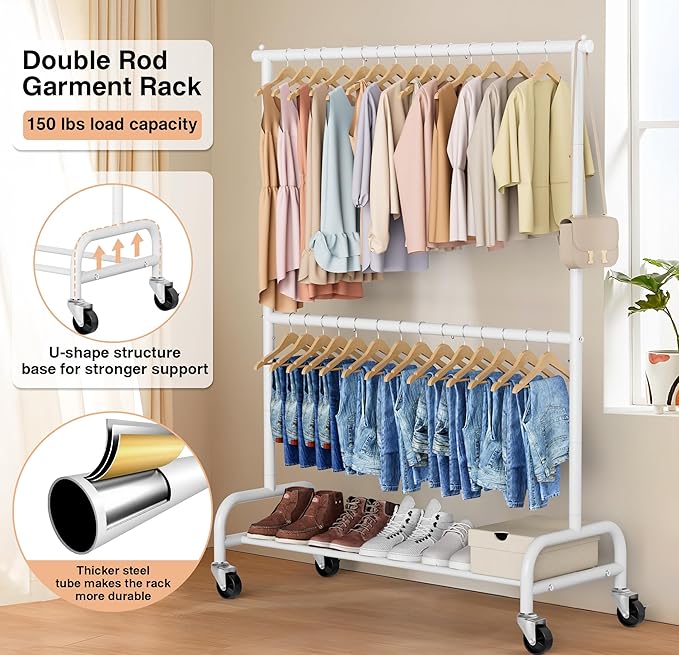 MISSLO Heavy Duty Clothing Racks for Hanging Clothes Rack Double Rod Garment Rack Rolling Closet Wardrobe Rack on Wheels, Met