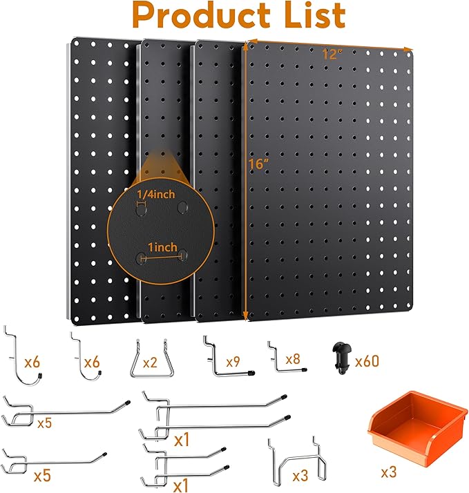 Peg Board, 110pcs Metal Pegboard Kit, Includes 4 Pack Black Peg Board Panels with Accessories and Hook Locks, Large Heavy Dut