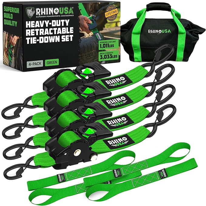 Rhino USA Retractable Ratchet Straps (4-Pack) - 2 Inch x 10 Feet (3,033lb Break Strength) - Heavy Duty Auto Self Retracting Tie Down Straps for Truck, Cargo Trailer, Motorcycle, Rad & More - Green