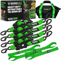 Rhino USA Retractable Ratchet Straps (4-Pack) - 2 Inch x 10 Feet (3,033lb Break Strength) - Heavy Duty Auto Self Retracting Tie Down Straps for Truck, Cargo Trailer, Motorcycle, Rad & More - Green