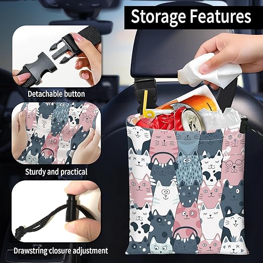 Car Trash Bag Large Hanging Can for Back of Seat, Cute Waterproof Car Garbage Bag for Vehicle, Travelling, Outdoor Colorful Cartoon Cats