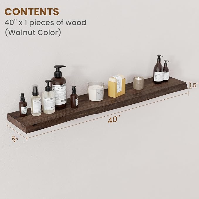 Floating Shelves for Wall Decor, Rustic Solid Elm Wood Live Edge Floating Shelves Wall Mounted, Wall Shelves with Invisible B