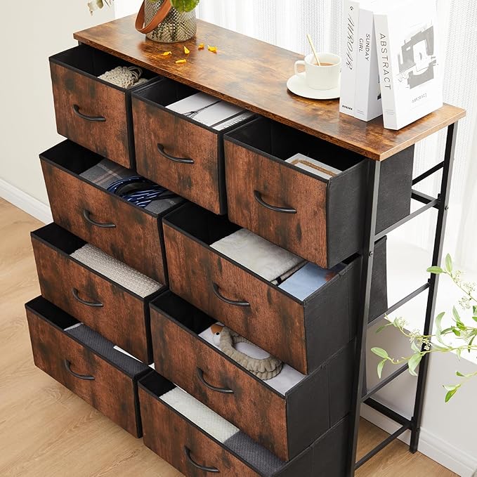DUMOS Dresser for Bedroom, Storage Organizer with 9 Drawers, Chest of Drawers with Fabric Bins, Sturdy Metal Frame, Wood Tabl