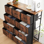 DUMOS Dresser for Bedroom, Storage Organizer with 9 Drawers, Chest of Drawers with Fabric Bins, Sturdy Metal Frame, Wood Tabl