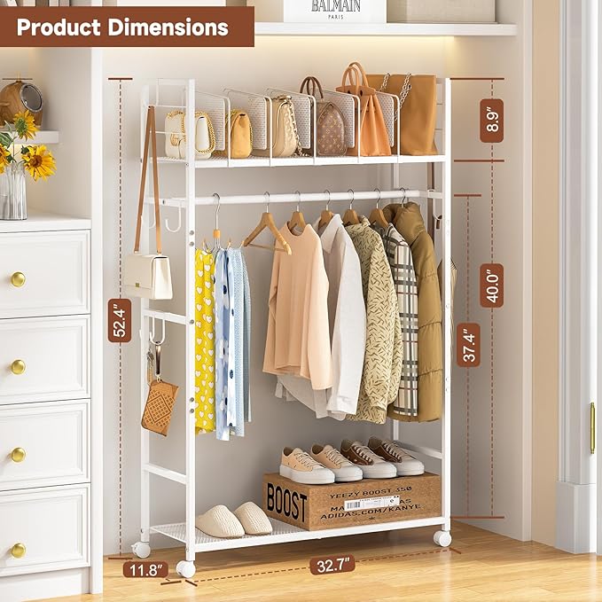 Portable Clothes Rack with Adjustable Shelf Divider, Freestanding Closet Organizers and Storage, Garment Rack and Purse Stora