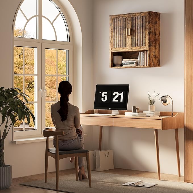INNOD Bathroom Wall Cabinet, Wall-Mounted Medicine Cabinet with Adjustable Wood Shelf & Doors, Floating Bathroom Cabinet Over