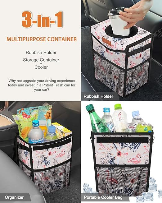 Car Trash Can with Lid, Cute Leakproof Car Trash Garbage Bag Hanging Vehicle Trash Bin Small Portable Automotive Garbage Cans Organizer for Back/Front Seat(Trapezoid,Flamingo Print