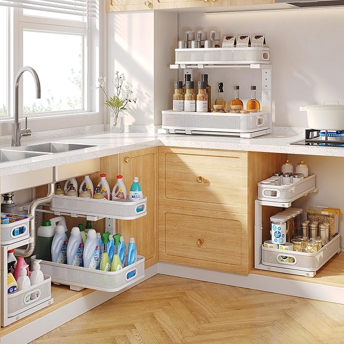 2 Pack 17.3IN-Depth Under Sink Organizer with Smooth Cylindrical Rail,2-Tier Pull Out Multi-Purpose Cabinet Storage for Bathr