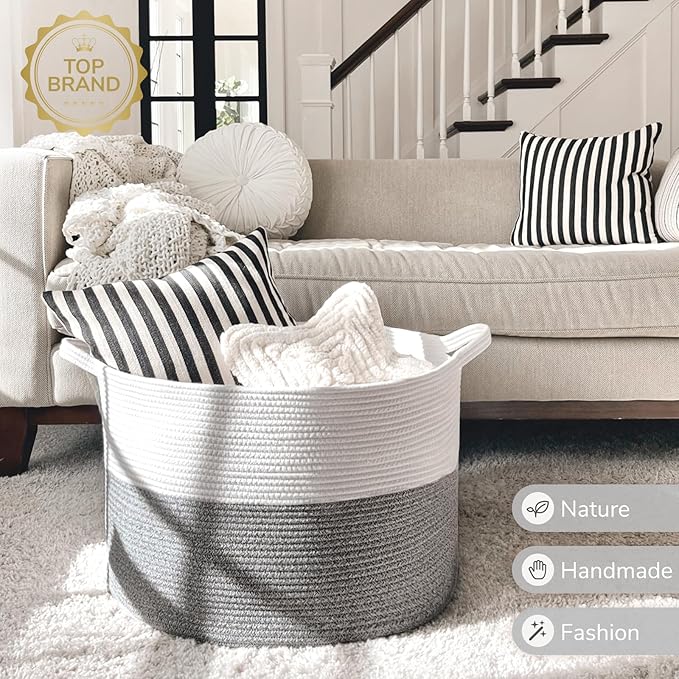 INDRESSME Large Storage Basket, 21.7'' x 13.8'' Cotton Rope Blanket Basket Living Room, Toy Organizers and Storage with Handl
