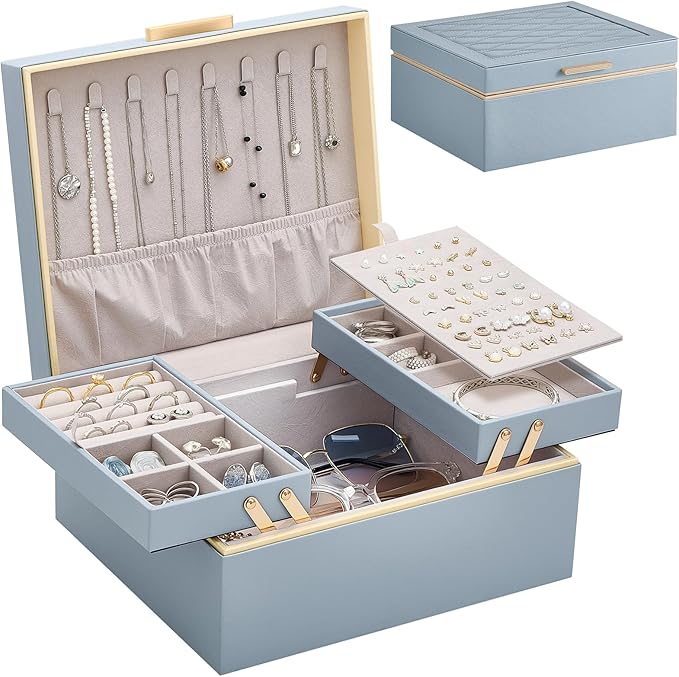Lolalet Jewelry Box Organizer for Women Girls, 2 Layer Jewelry Organizers and Storage for Necklace Earrings Rings Bracelets, 