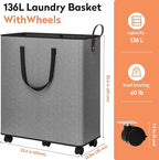 SpaceTrove Laundry Basket with Wheels, Collapsible Laundry Baskets, Laundry Hamper with Handles Detachable Wheels, Rolling La