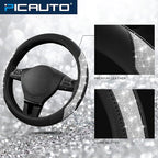 PIC AUTO Steering Wheel Cover, Silver Sparkly Crystal Bling Glitter with Leather, Universal Fit 14.5"-15.5" Car Steering Whee