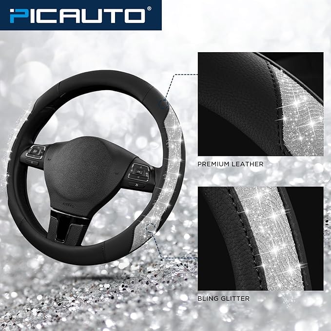 PIC AUTO Steering Wheel Cover, Silver Sparkly Crystal Bling Glitter with Leather, Universal Fit 14.5"-15.5" Car Steering Whee