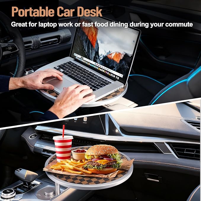 Car Tray Table & Car Desk for Laptop with 2 Risers and Anti-Slip Pad, 360° Rotating Cup Holder for Working and Eating Compatible with Tesla Model 3/Y/S, Ford F150/Explorer/Maverick & Most Vehicles/EV