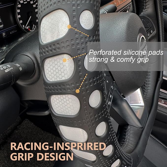 PINCTROT D Shaped Race Grip Steering Wheel Cover, Anti Slip Silicone Perforated Design with Soft Touch Padding, Enhanced Grip for Sporty Driving Flat Bottom 14.5-15 Inch (Racing White)