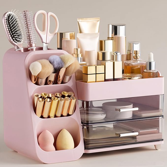 HBlife Makeup Organizer with Brush Holder for Vanity, Large Plastic Bathroom Countertop Organizer Skin Care Storage, Easy to 