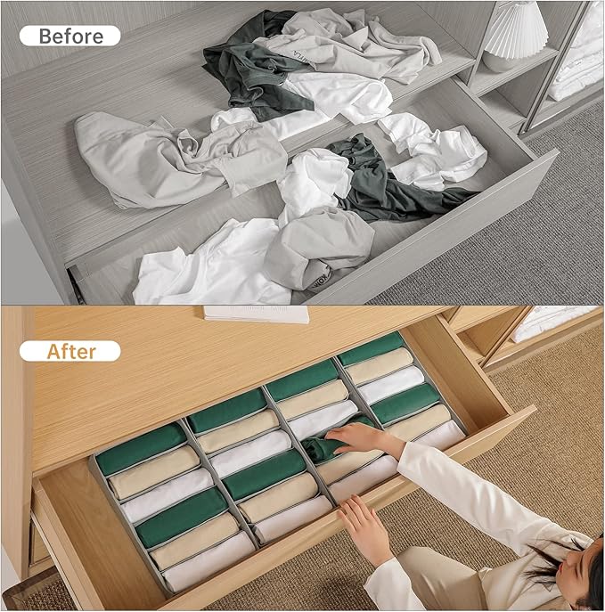 4 Packs T-shirt Drawer Organizers for Clothing,6 Grids Compartment Wardrobe Storage Box, Washable Clothes Organizer for Folde