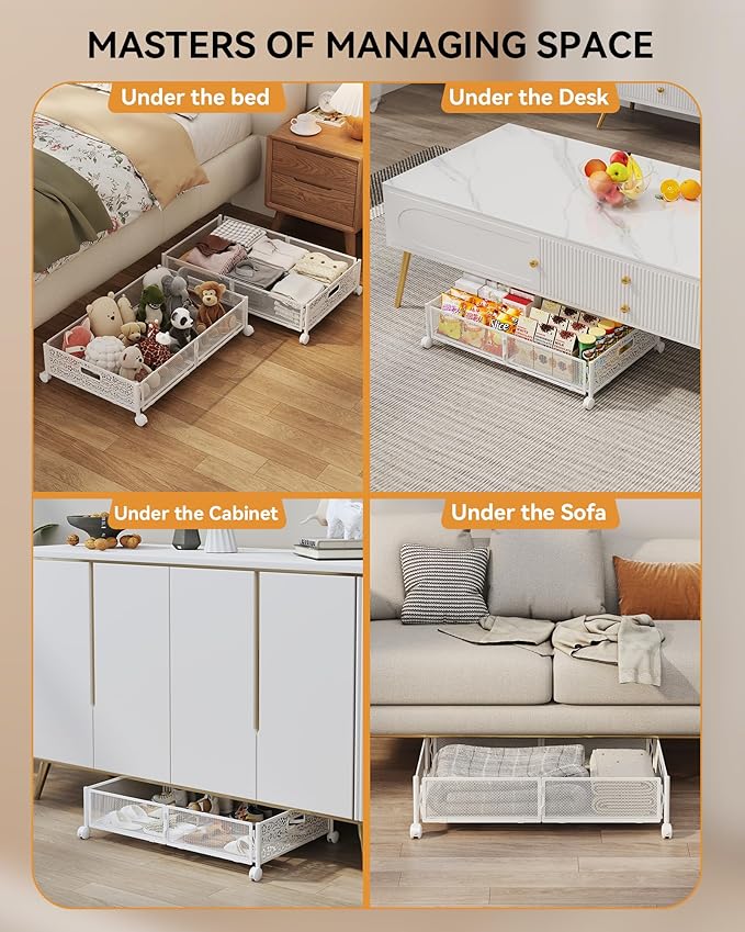 Under Bed Storage with Wheels, Foldable Pattern Carved Metal Under The Bed Storage, Tool-Free Assembly Underbed Storage, 60L 