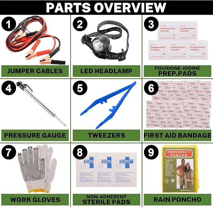 Car Roadside Emergency Kit with Battery Jumper Cables,Car Accessories for Men or Women,Automotive Safety Kit for Car,Vehicle,