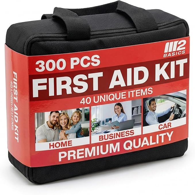 M2 BASICS Premium 300 Piece Professional First Aid Kit, 40 Unique Items, Durable Carry Bag for Home, Car, Business, Travel & 