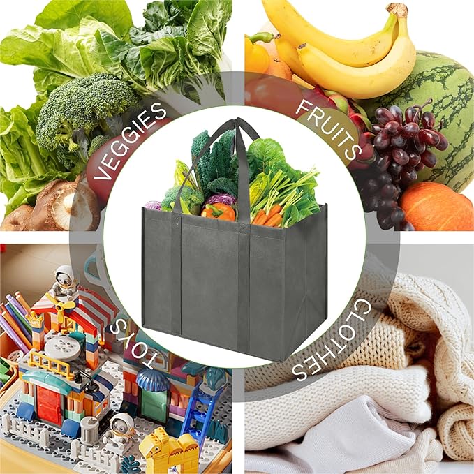 LadyRosian Reusable Grocery Bags Extra Large Foldable Shopping Bags 10 Pack Heavy Duty Kitchen Tote Bags with Handle Can Hold 45+lbs, Stands Upright, Foldable & Washable (Grey)