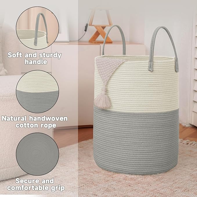 JMvicyroam Large Woven Laundry Basket Hamper,100L Cotton Rope Storage Bin for Blankets,Toys and Clothes,Decorative Tall Nurse