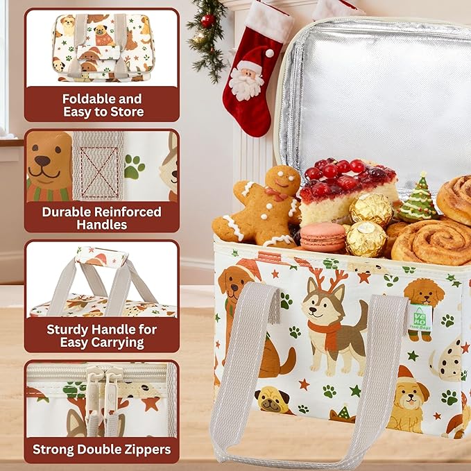 VENO 2 Pack Christmas Insulated Lunch Bag for Women Men, Reusable Lunch Box Grocery Shopping Bag Small Cooler with Handles Zippers for Work Office Picnic Beach (Holiday Pups)