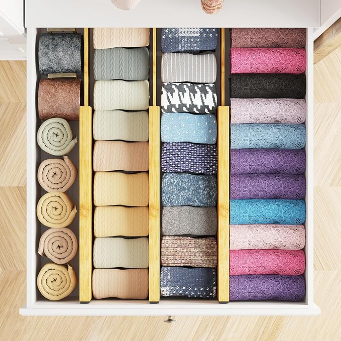 SpaceAid Bamboo Dresser Drawer Dividers 6 Pack, 4.65“ High Adjustable 12.5“-17” Drawer Organizers, Expandable Organization fo