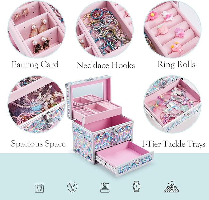 Hododou Girls Jewelry Box Organizer with Drawer & Mirror, Mermaid Tail Style Lockable Storage Case for Kid or Little Girls Je