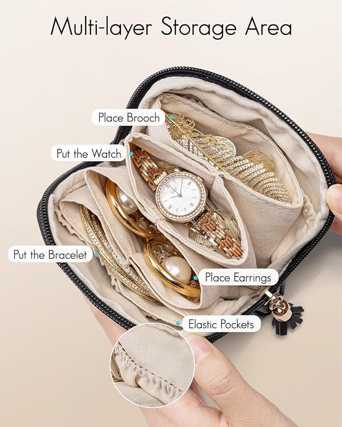 VLANDO Small Jewelry Travel Case,Travel Essentials for Women,Jewelry Pouch Bags with Zipper,Velvet Jewelry Organizer Storage 