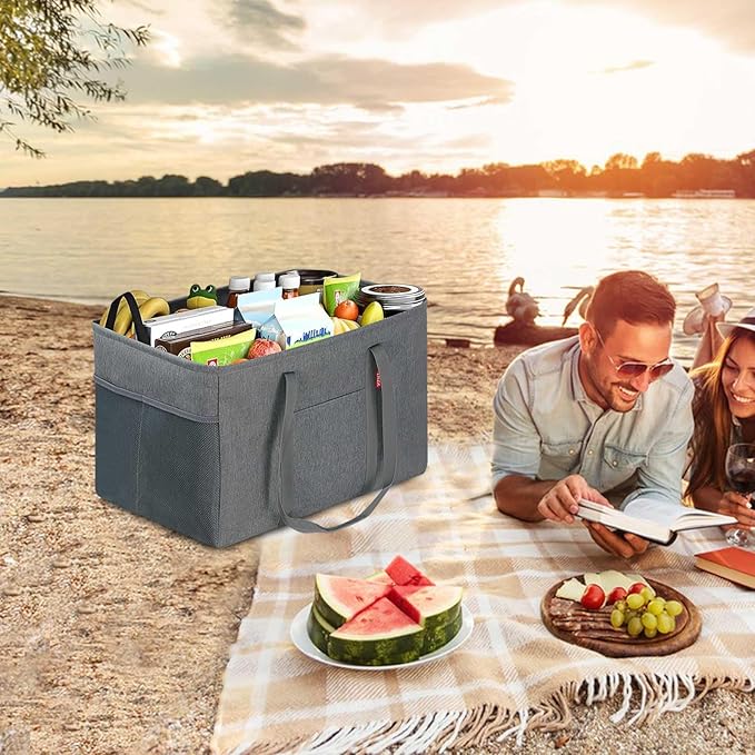LHZK Standing Utility Tote Bag with Metal Wire Frame and the Sides Rinforced, Large Tote Bag with Handle, Reusable Grocery