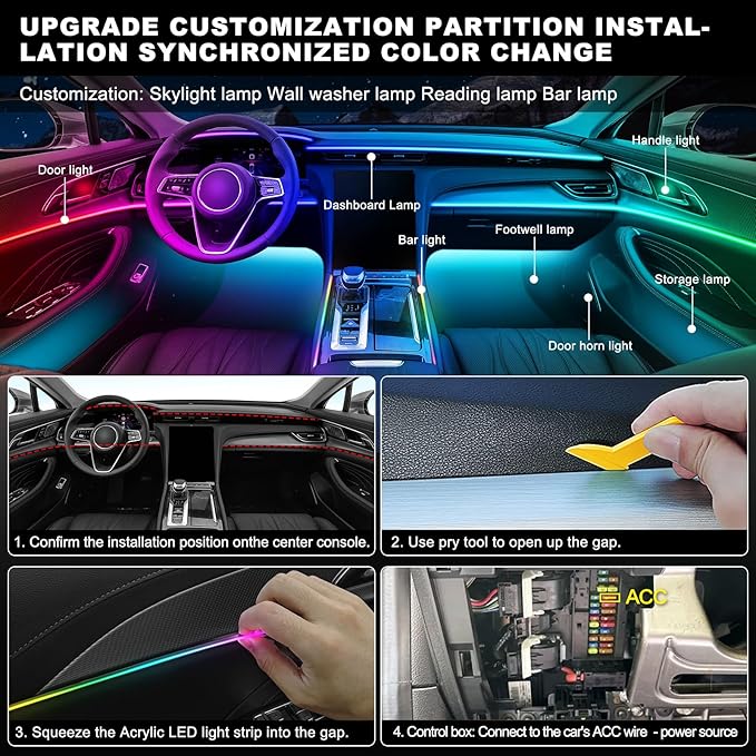 Dreamcolor Acrylic Interior Car LED Strip Light with Wireless APP, Dual Zone RGB 18 in 1 with 175 inches 593 LEDs Fiber Optic Neon Strip Lights for Car, Music Sync Neon Car Ambient Lighting Kits