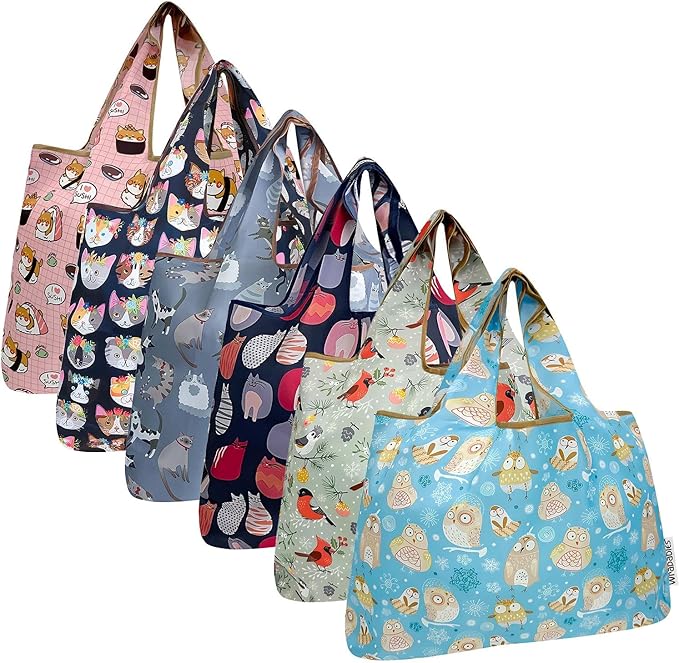allydrew Large Foldable Tote Nylon Reusable Grocery Bags, 6 Pack