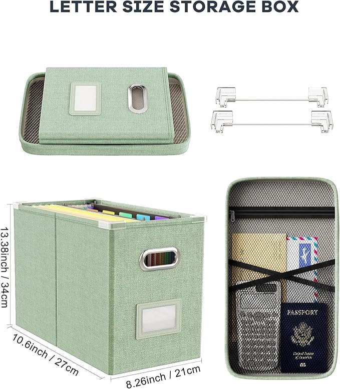 Oterri File Organizer Box with Lid, Hanging Filing File Box with Mesh Pocket, Document Organizer Box for Letter Files, Portab