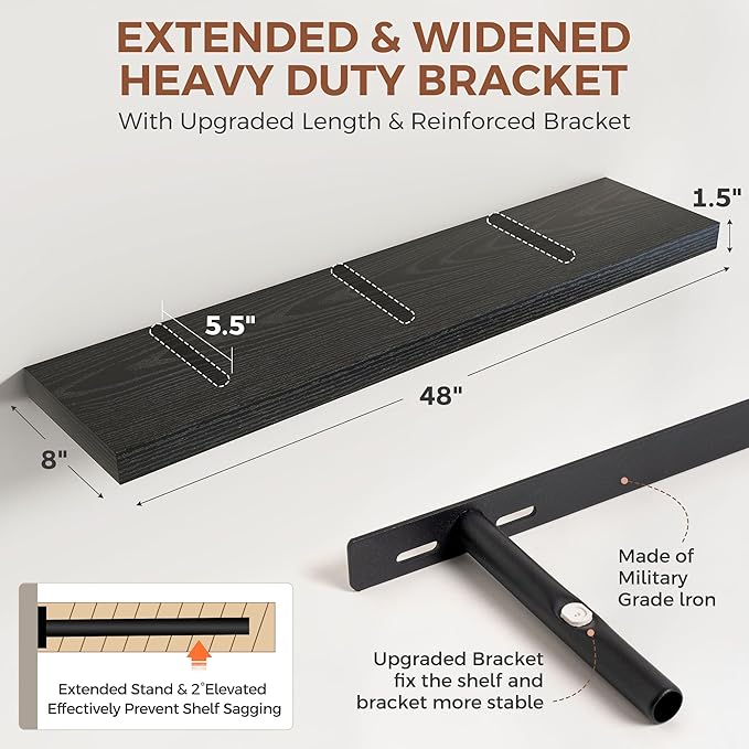 Dreamland Black Floating Shelves 48 Inch Long,8 Inch Deep Floating Shelves,48" W x 8" D Wall Shelves for Bedroom,Living Room,