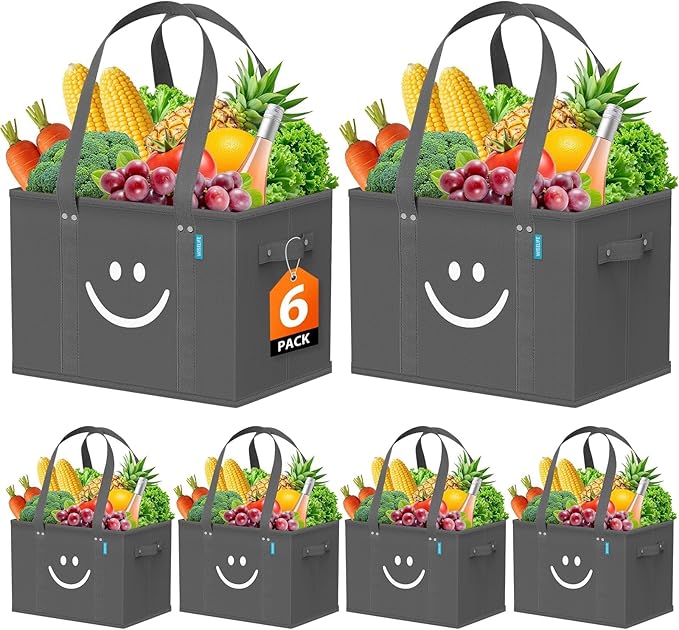 WISELIFE Reusable Grocery Bags 6 Pack - Collapsible Tote Shopping Bags with Sturdy Handles & Bottom to Stands Upright, Grey