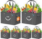 WISELIFE Reusable Grocery Bags 6 Pack - Collapsible Tote Shopping Bags with Sturdy Handles & Bottom to Stands Upright, Grey