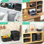 8-Pack Black Plastic Storage Baskets with Lids, Label Organizers, Stackable Organizer Containers: For Organizing Shelves, Dra