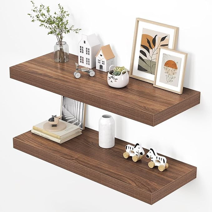 Dreamland 36" Floating Shelves for Wall, 12" Deep Thicker Walnut Floating Shelves, Wall-Mounted Shelves for Bedroom, Living R