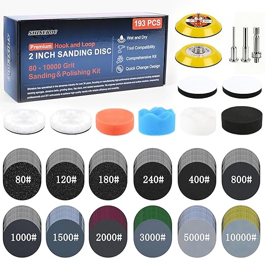 193Pcs 2 Inch Polishing Kit Hook and Loop Sanding Discs, Headlight Restoration Kit - 80 to 10000 Grits Wet Dry Sandpaper Buff