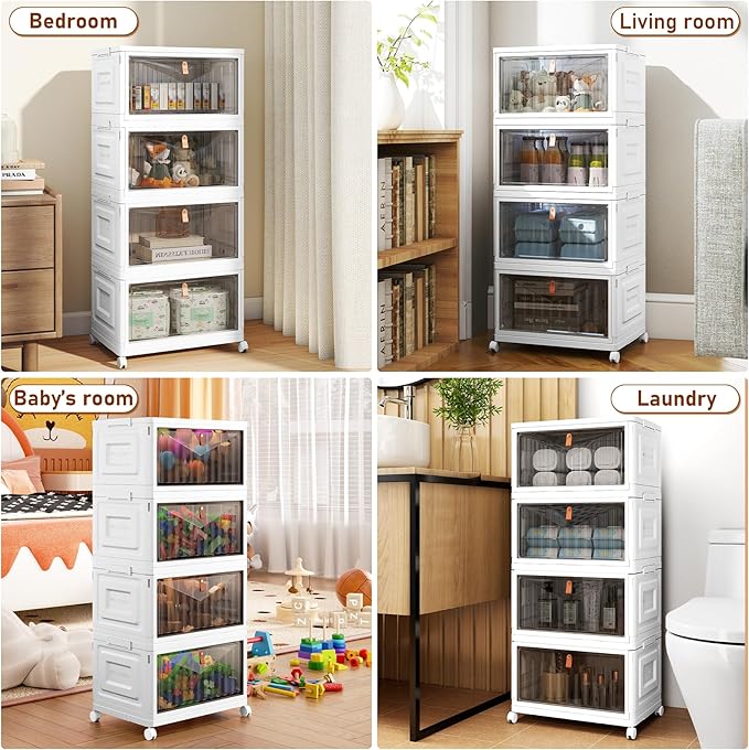 4 Tier Storage Bins with Lids, 23QT Stackable Closet Organizers and Storage with Wheels, Collapsible Storage Boxes, Foldable 